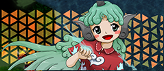 Aunn Komano, a girl with long green hair, a horn and komainu ears. She wears a red shirt with white details.