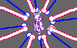 Patchouli is surrounded by red and blue lasers as they rotate around her.