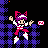 Mockup for MEGA MIKO, a Mega Man-like Touhou Project game themed after the PC-98 games. Reimu shoots amulets at enemies in Alice Margatroid's stage.