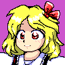 A PC-98 style portrait of Rumia, from Touhou Project. Short, blonde hair. Wears a red tie and a black dress with a white blouse underneath.